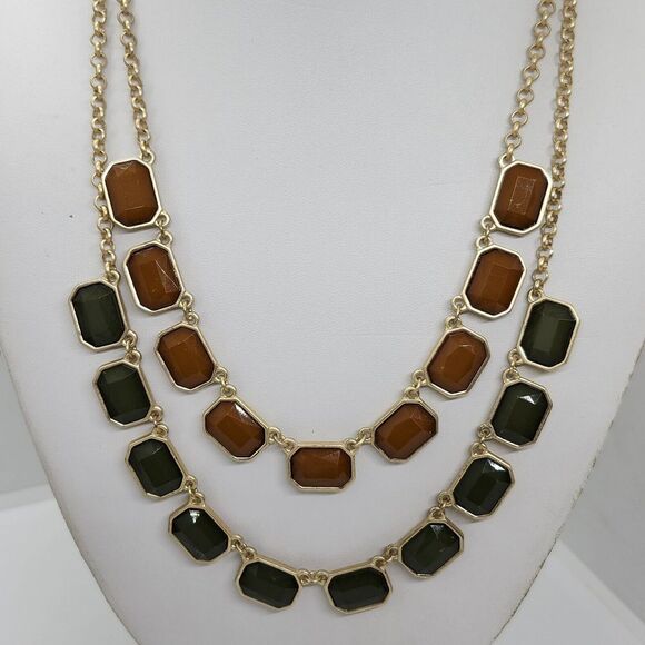 Layered Necklace Green And Brown Matte Gold Tone‎ - Picture 1 of 6